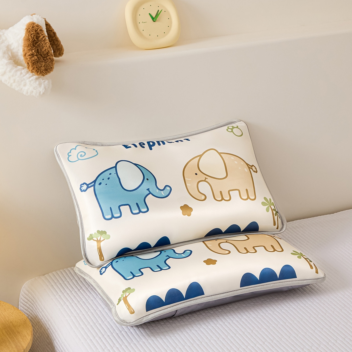 91家纺网 家纺一手货源 找家纺 云恋家纺 2026新款儿童卡通A类冰丝凉席枕套一对装夏季凉感丝可拆枕头儿童学生单人枕芯套 云朵小象