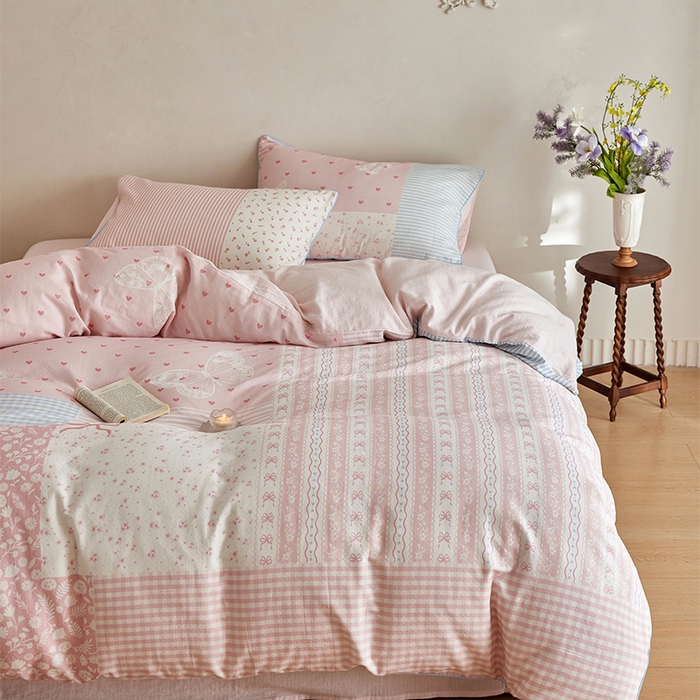 91家纺网 家纺一手货源 找家纺 风向标家纺 2026新款A类母婴级纯棉双层纱印花四件套-云羽织梦 云羽织梦—雾粉