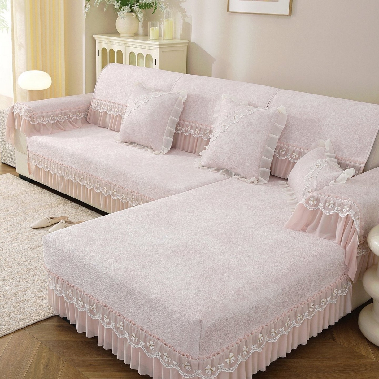 91家纺网 家纺一手货源 找家纺 共鸣沙发垫 2026新款冰豆豆沙发垫素雅系列 素雅粉色