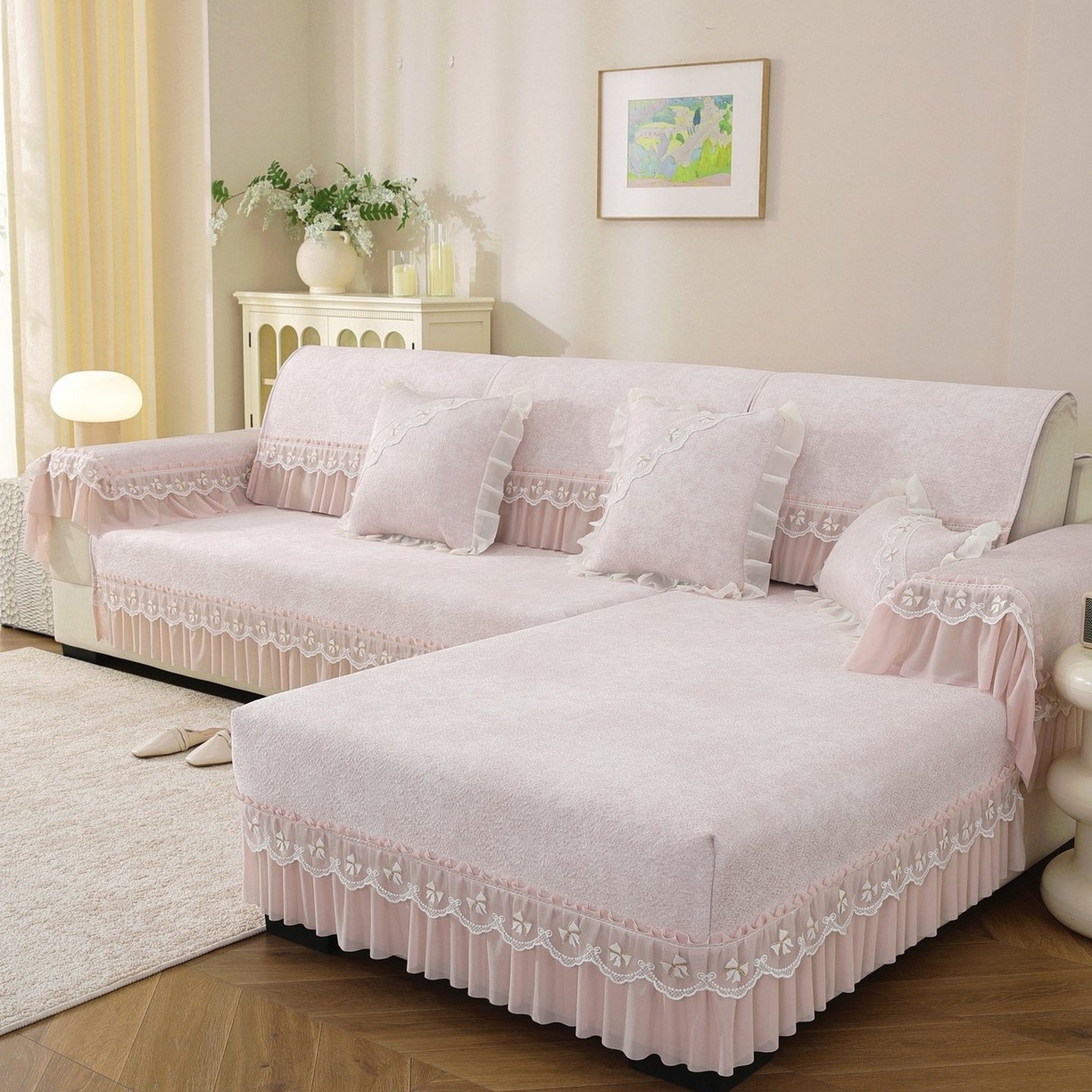 91家纺网 家纺一手货源 找家纺 共鸣沙发垫 2026新款冰豆豆沙发垫素雅系列 素雅粉色