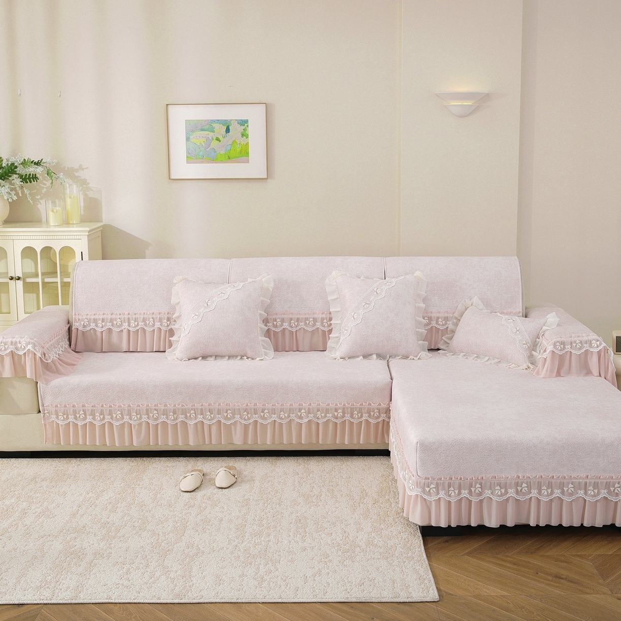 91家纺网 家纺一手货源 找家纺 共鸣沙发垫 2026新款冰豆豆沙发垫素雅系列 素雅粉色