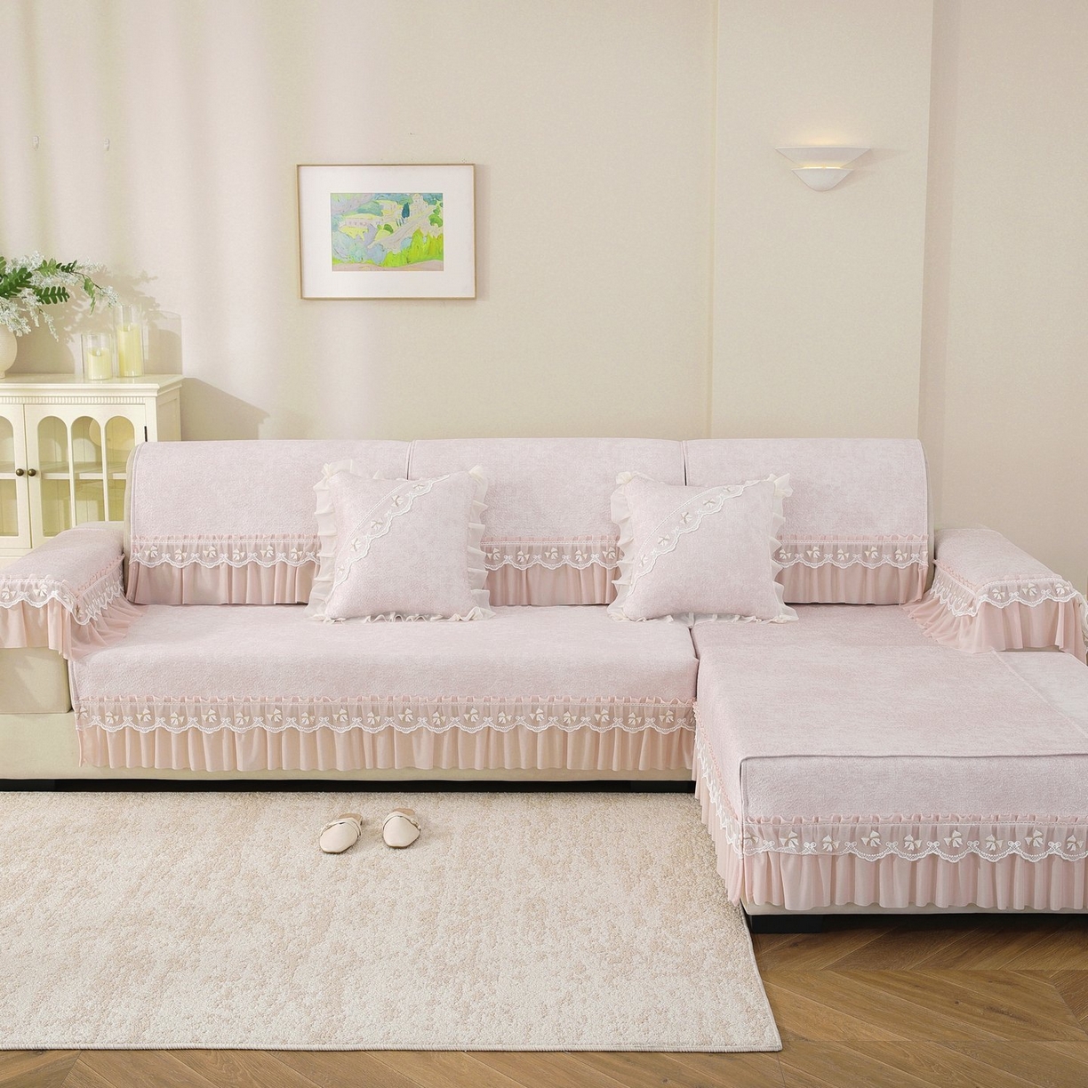 91家纺网 家纺一手货源 找家纺 共鸣沙发垫 2026新款冰豆豆沙发垫素雅系列 素雅粉色
