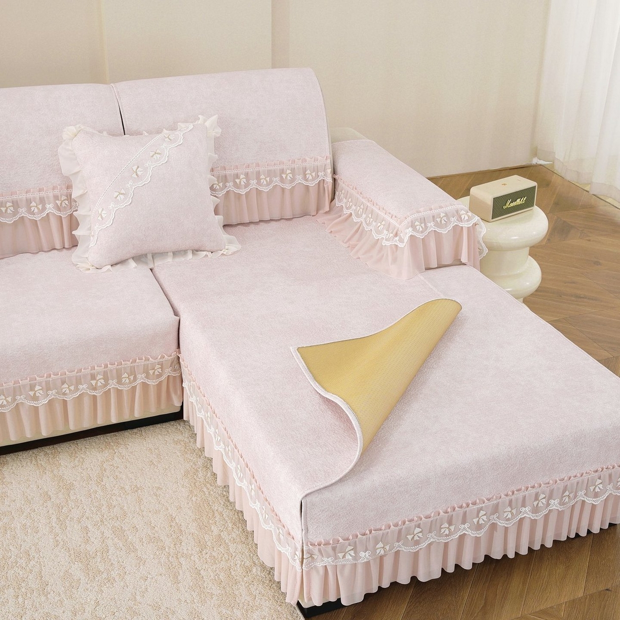 91家纺网 家纺一手货源 找家纺 共鸣沙发垫 2026新款冰豆豆沙发垫素雅系列 素雅粉色