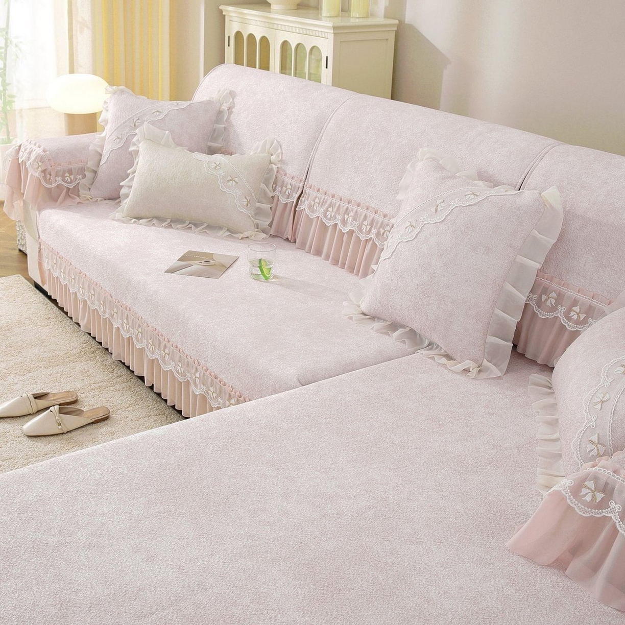 91家纺网 家纺一手货源 找家纺 共鸣沙发垫 2026新款冰豆豆沙发垫素雅系列 素雅粉色