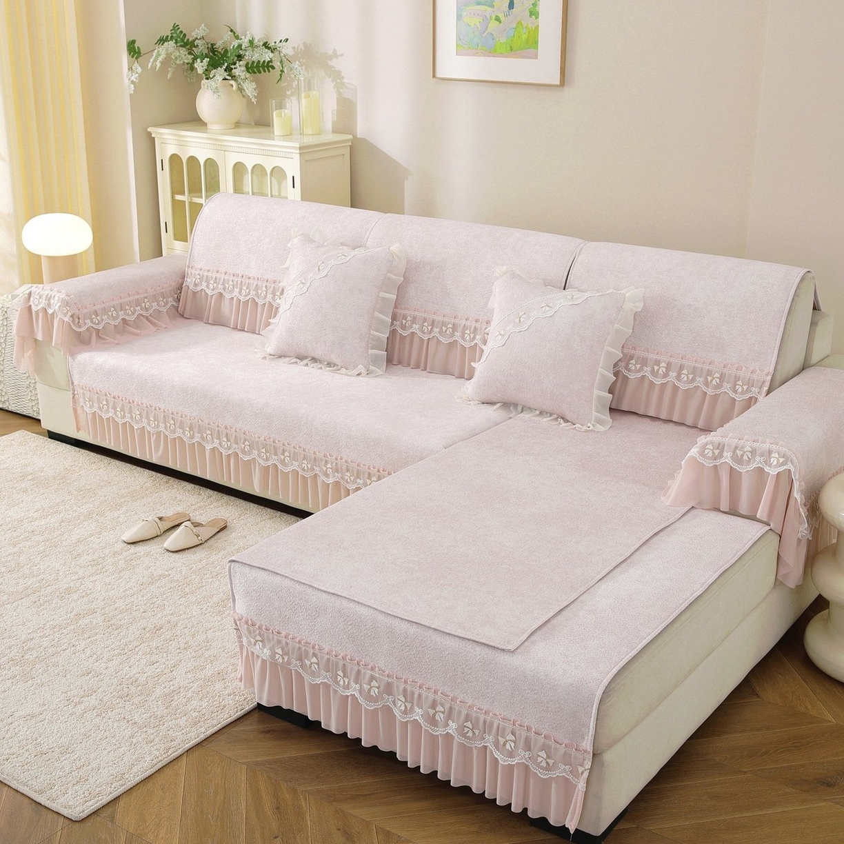 91家纺网 家纺一手货源 找家纺 共鸣沙发垫 2026新款冰豆豆沙发垫素雅系列 素雅粉色