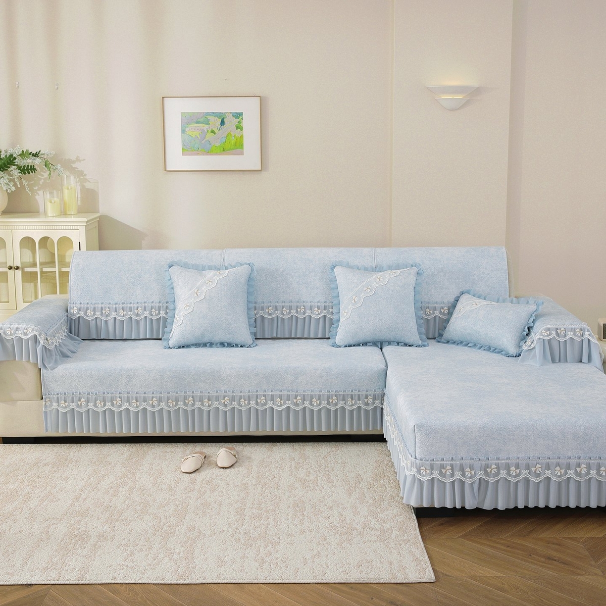 91家纺网 家纺一手货源 找家纺 共鸣沙发垫 2026新款冰豆豆沙发垫素雅系列 素雅蓝色