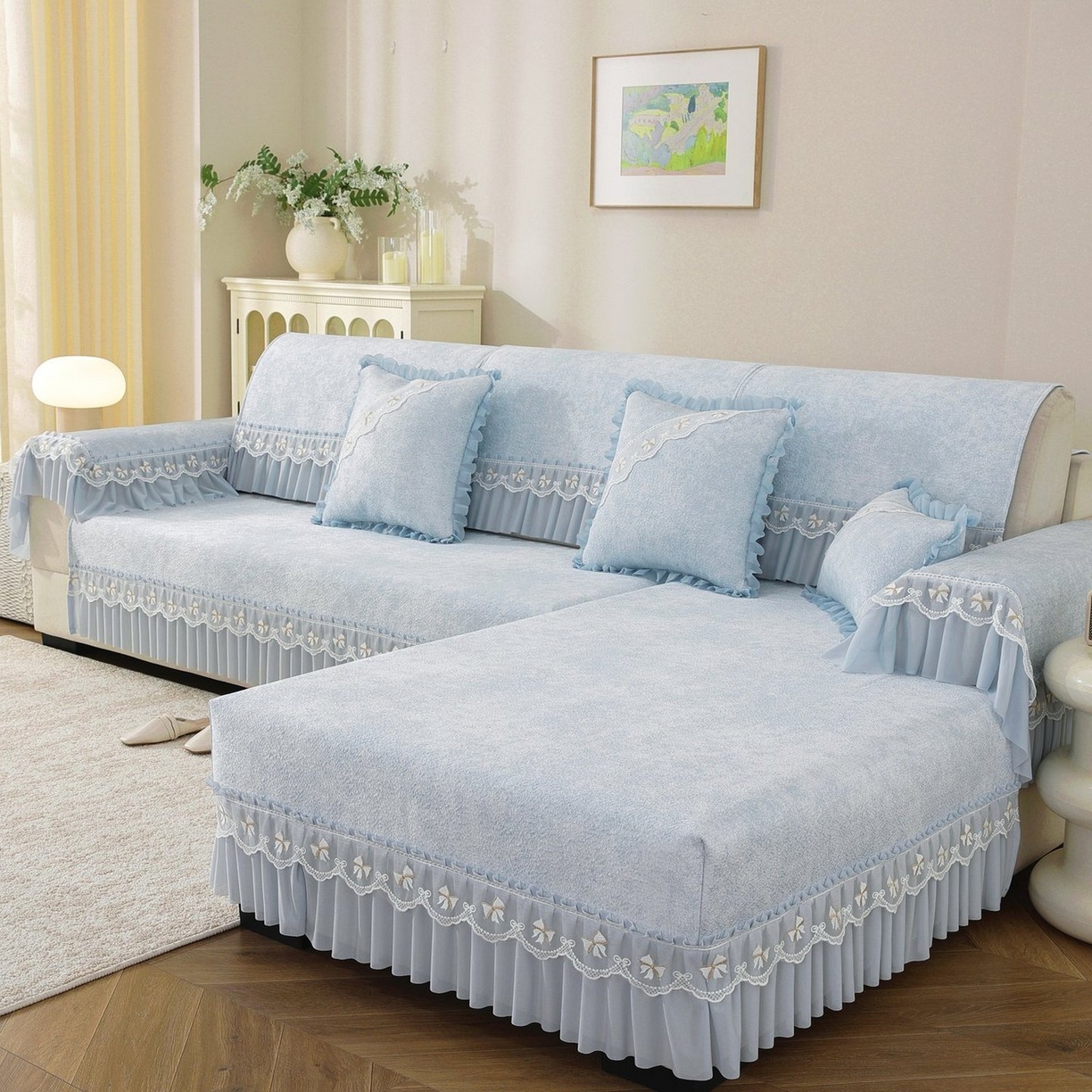 91家纺网 家纺一手货源 找家纺 共鸣沙发垫 2026新款冰豆豆沙发垫素雅系列 素雅蓝色