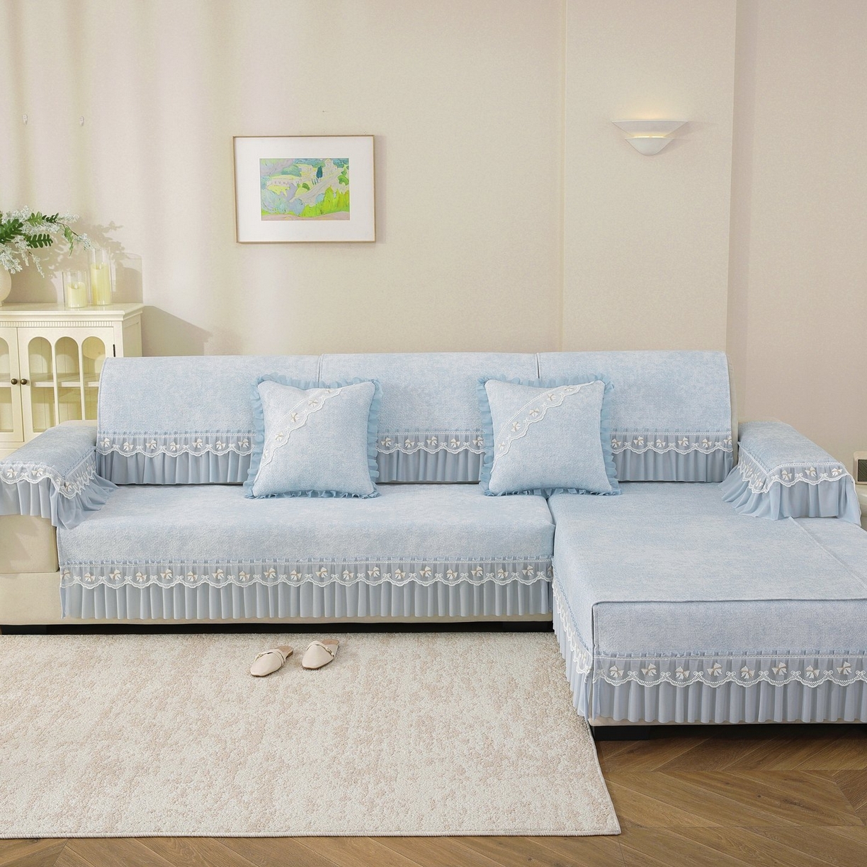 91家纺网 家纺一手货源 找家纺 共鸣沙发垫 2026新款冰豆豆沙发垫素雅系列 素雅蓝色