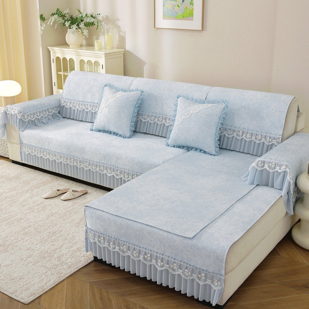 91家纺网 家纺一手货源 找家纺 共鸣沙发垫 2026新款冰豆豆沙发垫素雅系列 素雅蓝色