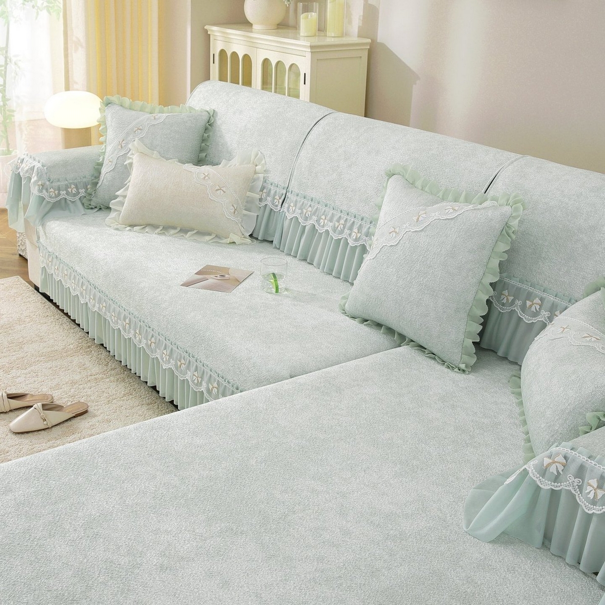 91家纺网 家纺一手货源 找家纺 共鸣沙发垫 2026新款冰豆豆沙发垫素雅系列 素雅绿色