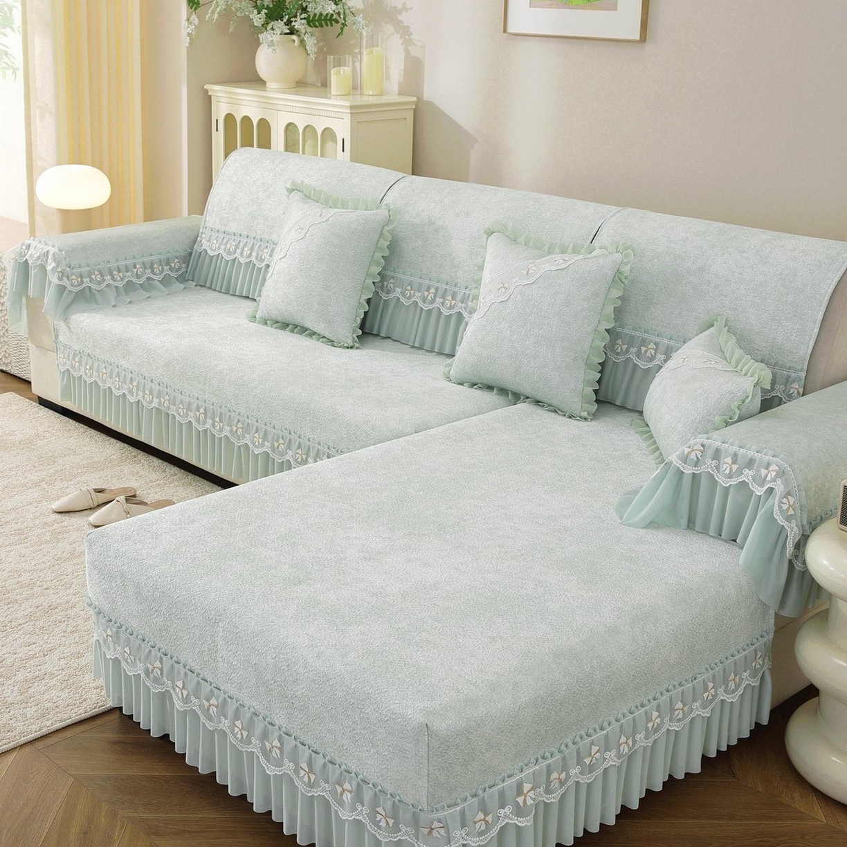 91家纺网 家纺一手货源 找家纺 共鸣沙发垫 2026新款冰豆豆沙发垫素雅系列 素雅绿色