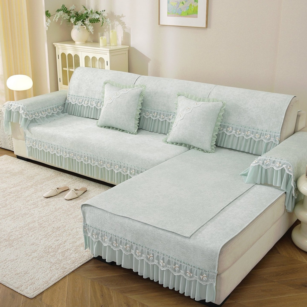 91家纺网 家纺一手货源 找家纺 共鸣沙发垫 2026新款冰豆豆沙发垫素雅系列 素雅绿色