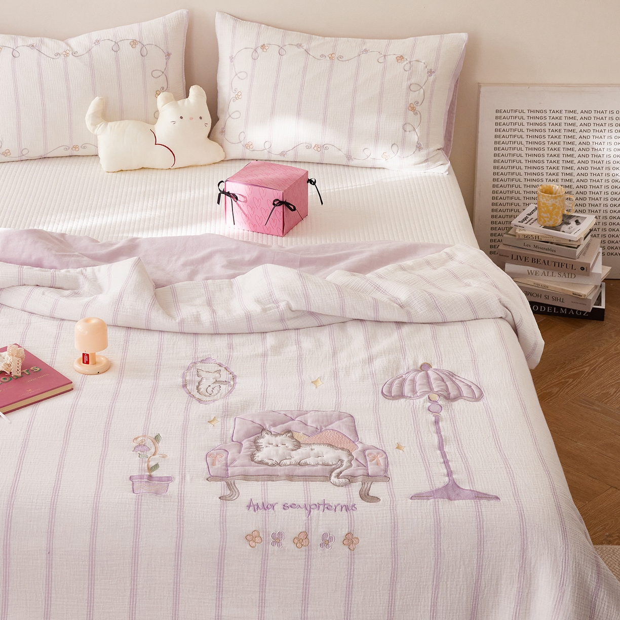 91家纺网 家纺一手货源 找家纺 风向标家纺 2026春夏新款40s皱皱纱绣花夏被夏凉被空调被 夏被-紫雾奶芙