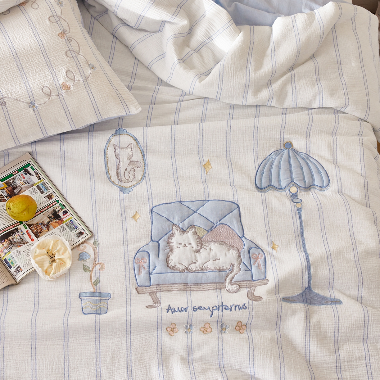 91家纺网 家纺一手货源 找家纺 风向标家纺 2026春夏新款40s皱皱纱绣花夏被夏凉被空调被 夏被-蓝调奶芙