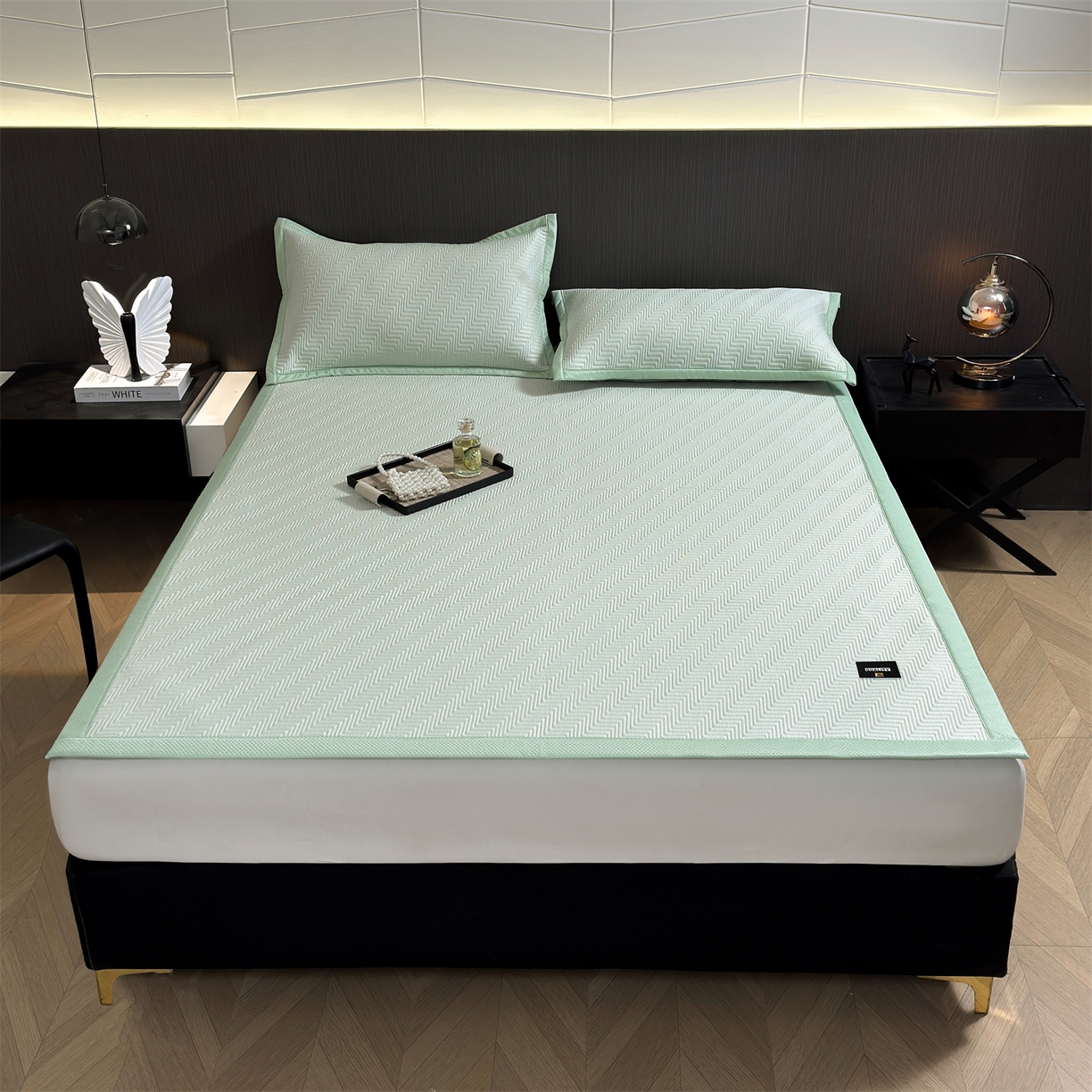 耐思家纺 2026新款A类高克重三明治复合乙纶提花冰豆豆凉席床笠冰棱斜纹系列（提供买家秀） 冰棱斜纹-绿床席款