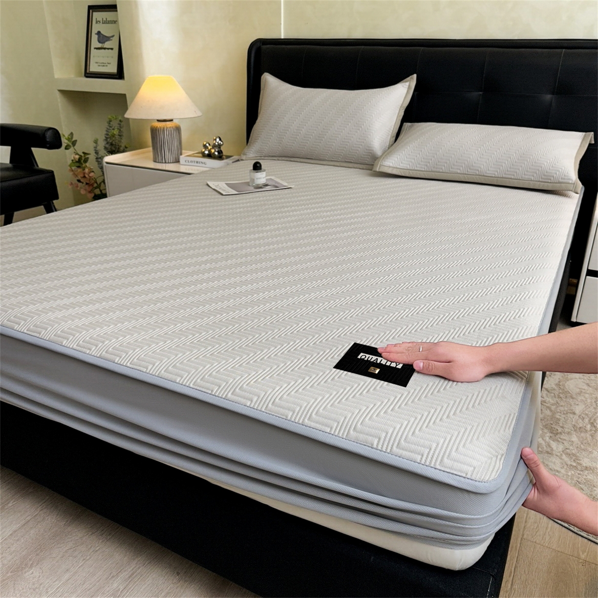 耐思家纺 2026新款A类高克重三明治复合乙纶提花冰豆豆凉席床笠冰棱斜纹系列（提供买家秀） 冰棱斜纹-卡其床笠款