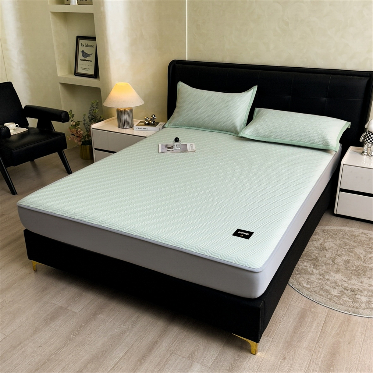 91家纺网 家纺一手货源 找家纺 耐思家纺 2026新款A类高克重三明治复合乙纶提花冰豆豆凉席床笠冰棱斜纹系列（提供买家秀） 冰棱斜纹-绿床笠款