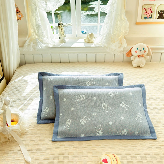 姝辰 2026新款卡通儿童三层纱提花枕套全棉乳胶枕头套 抱抱熊蓝