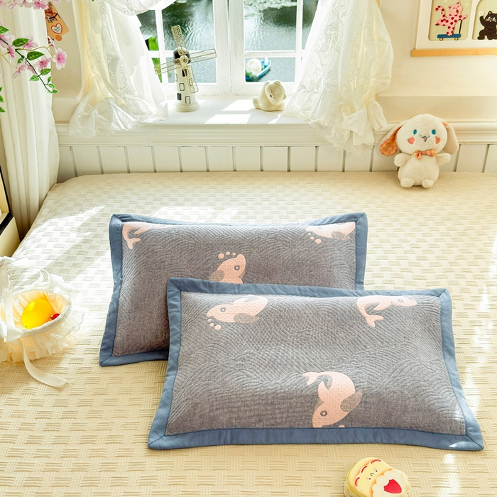 姝辰 2026新款卡通儿童三层纱提花枕套全棉乳胶枕头套 大鱼蓝