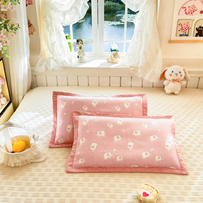 姝辰 2026新款卡通儿童三层纱提花枕套全棉乳胶枕头套 粉象象