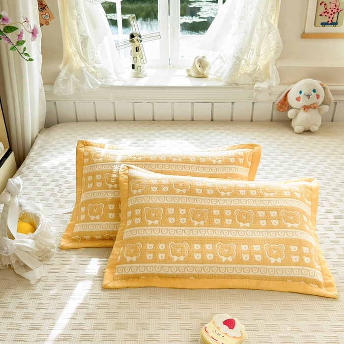 姝辰 2026新款卡通儿童三层纱提花枕套全棉乳胶枕头套 黄熊香草