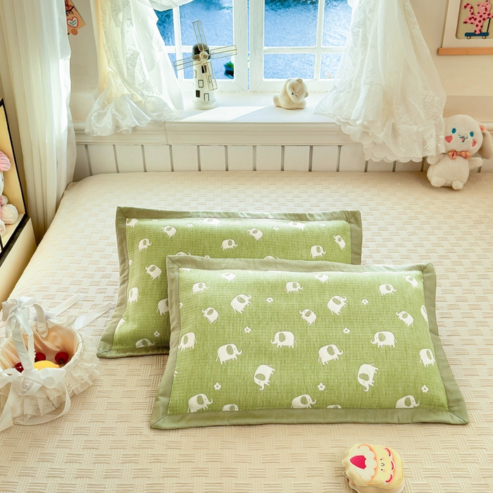 姝辰 2026新款卡通儿童三层纱提花枕套全棉乳胶枕头套 绿象象