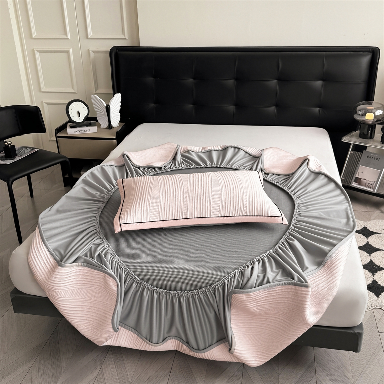 91家纺网 家纺一手货源 找家纺 耐思家纺 2026新款A类高克重三明治复合乙纶提花冰豆豆凉席床笠小蛮腰系列（提供买家秀） 小蛮腰-粉床笠款