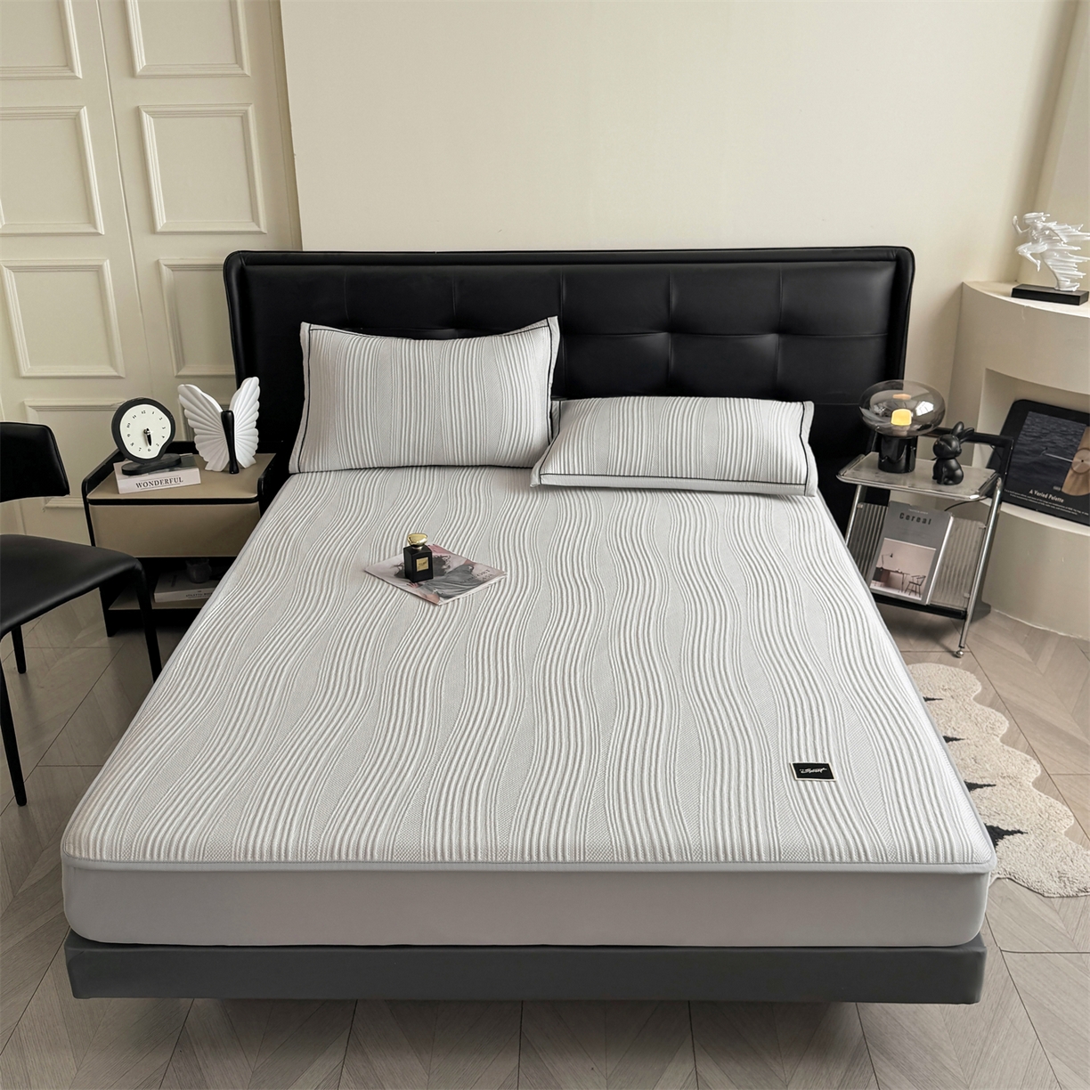 耐思家纺 2026新款A类高克重三明治复合乙纶提花冰豆豆凉席床笠小蛮腰系列（提供买家秀） 小蛮腰-灰床笠款