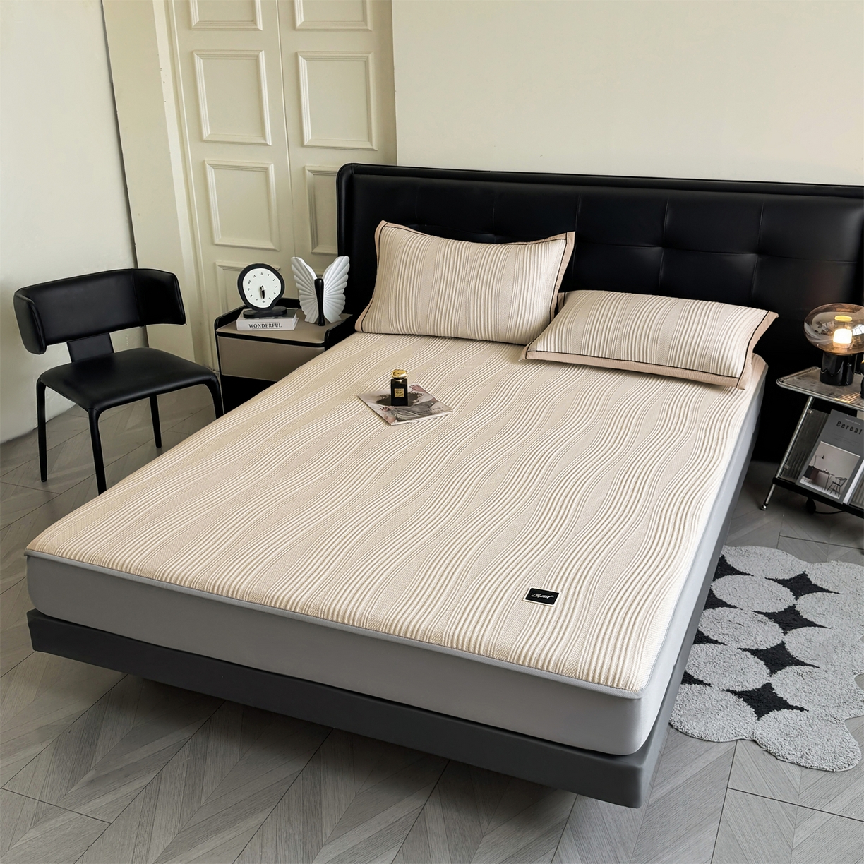 91家纺网 家纺一手货源 找家纺 耐思家纺 2026新款A类高克重三明治复合乙纶提花冰豆豆凉席床笠小蛮腰系列（提供买家秀） 小蛮腰-卡其床笠款