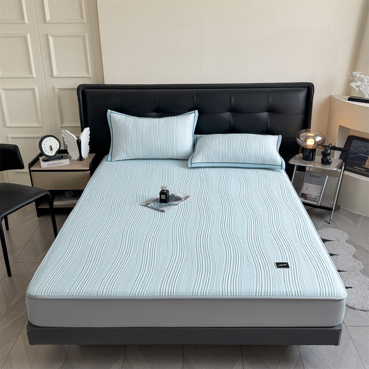 耐思家纺 2026新款A类高克重三明治复合乙纶提花冰豆豆凉席床笠小蛮腰系列（提供买家秀） 小蛮腰-蓝床笠款