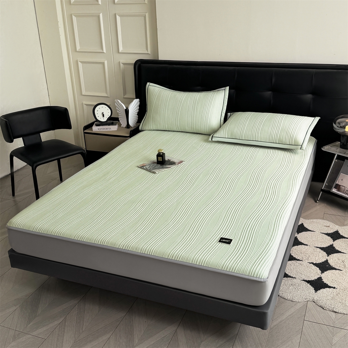 91家纺网 家纺一手货源 找家纺 耐思家纺 2026新款A类高克重三明治复合乙纶提花冰豆豆凉席床笠小蛮腰系列（提供买家秀） 小蛮腰-绿床笠款