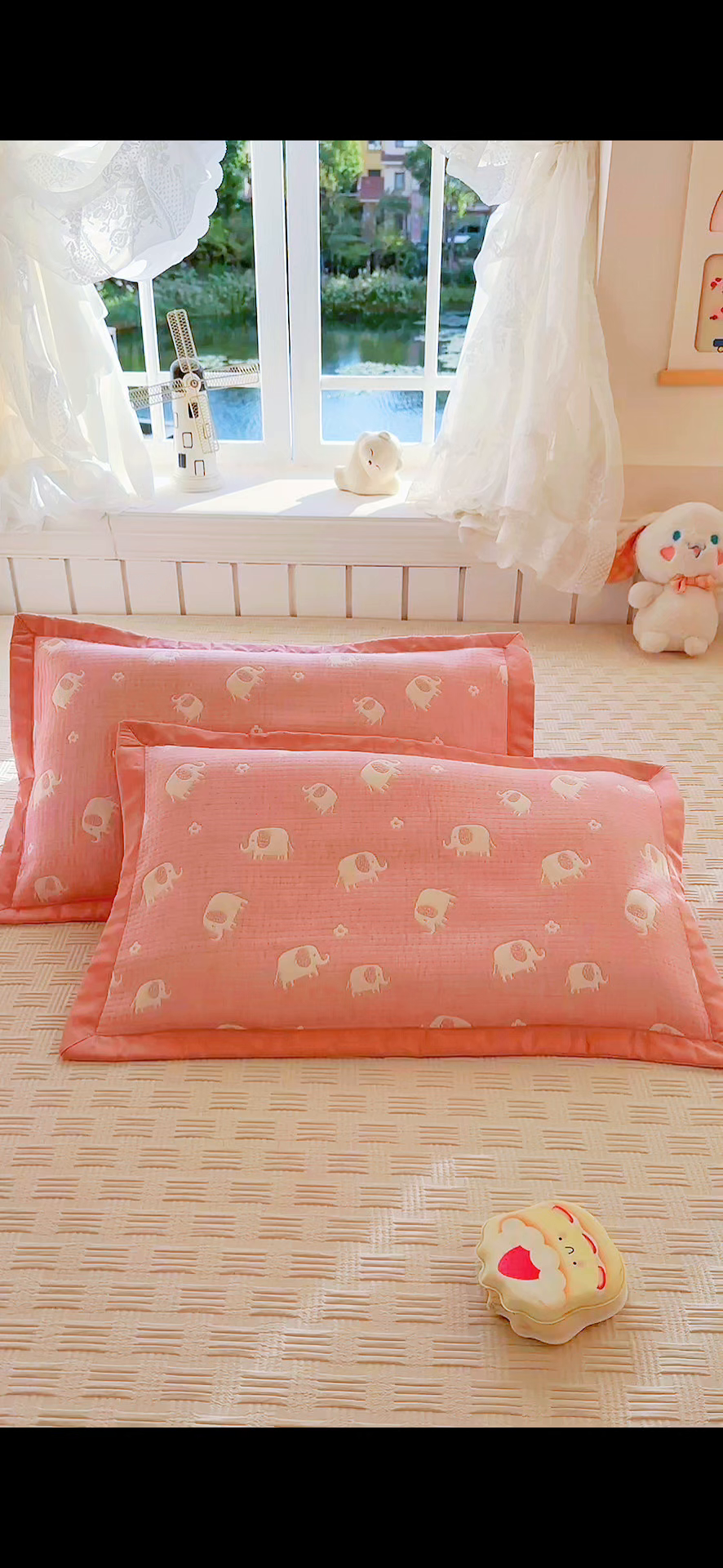 91家纺网 家纺一手货源 找家纺 姝辰 2026新款卡通儿童三层纱提花枕套全棉乳胶枕头套 粉象象