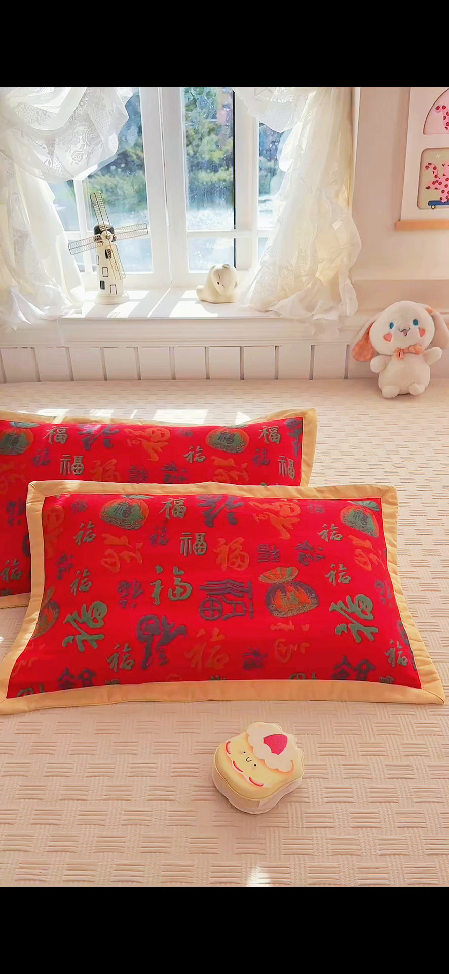 91家纺网 家纺一手货源 找家纺 姝辰 2026新款卡通儿童三层纱提花枕套全棉乳胶枕头套 福多多