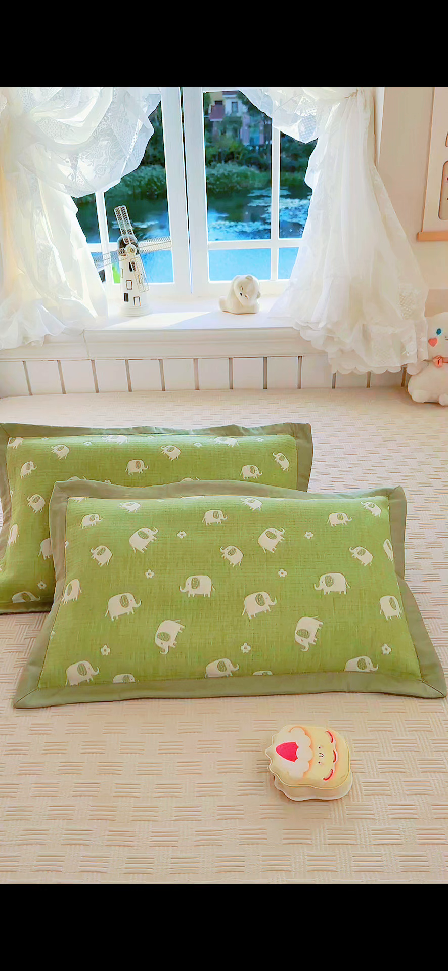 91家纺网 家纺一手货源 找家纺 姝辰 2026新款卡通儿童三层纱提花枕套全棉乳胶枕头套 绿象象
