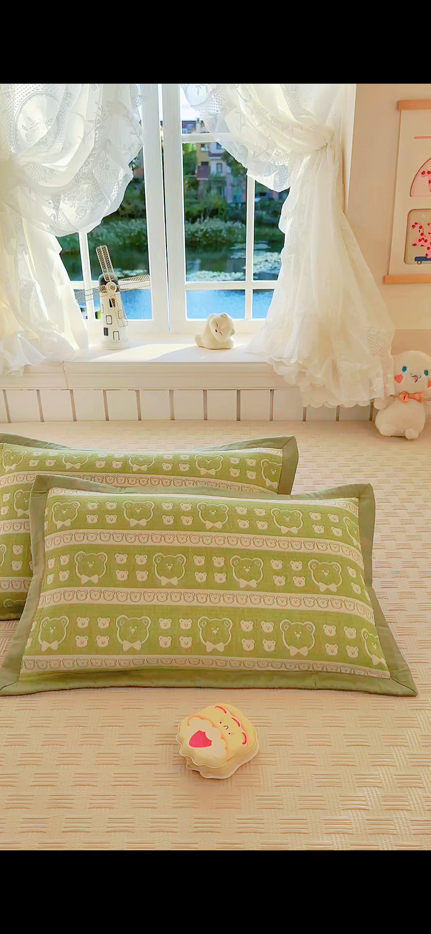 91家纺网 家纺一手货源 找家纺 姝辰 2026新款卡通儿童三层纱提花枕套全棉乳胶枕头套 熊头抹茶