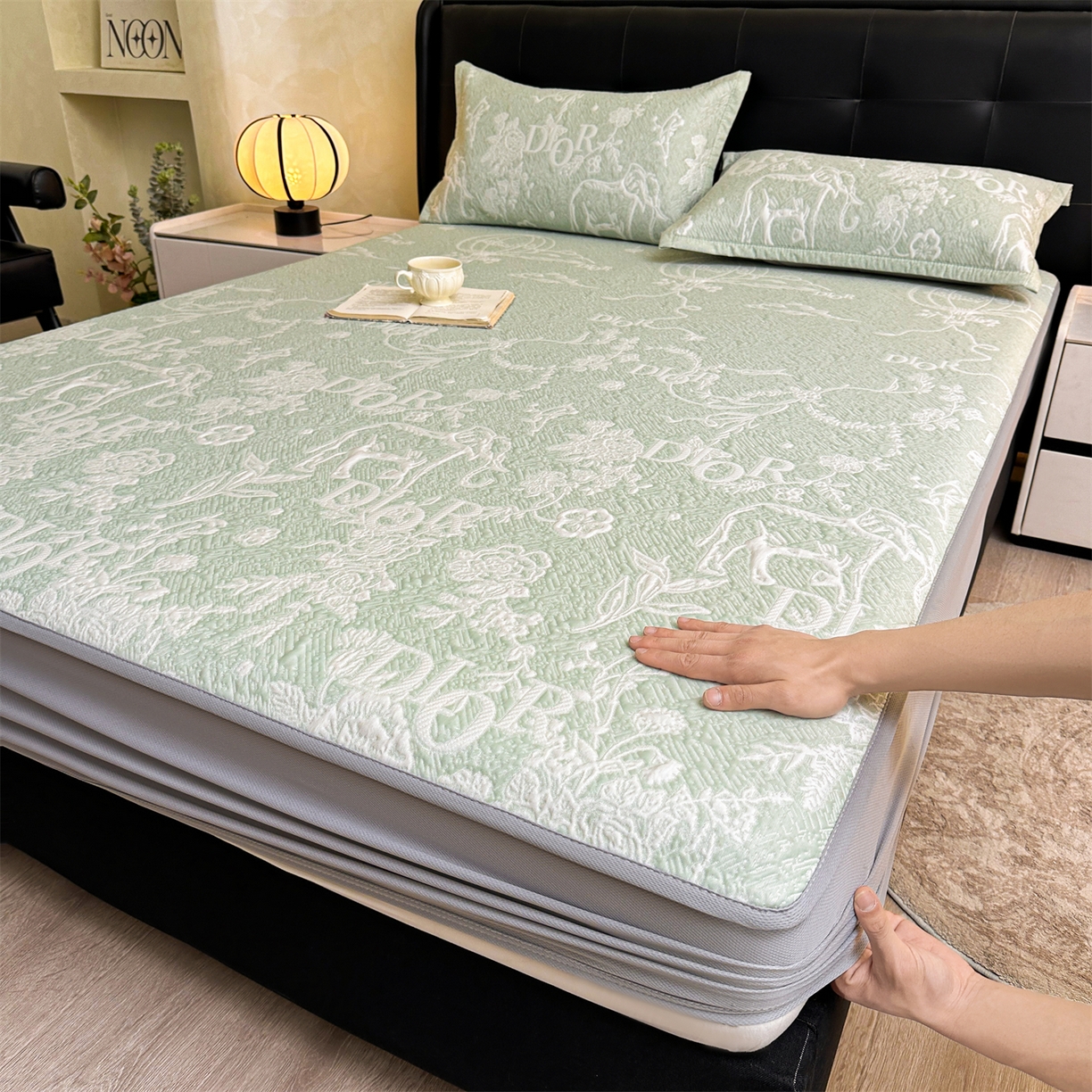 耐思家纺 2026新品高端复合三明治PE乙纶双面提花610克冰豆豆凉席迪奥风系列（提供买家秀） 迪奥风-绿床笠款