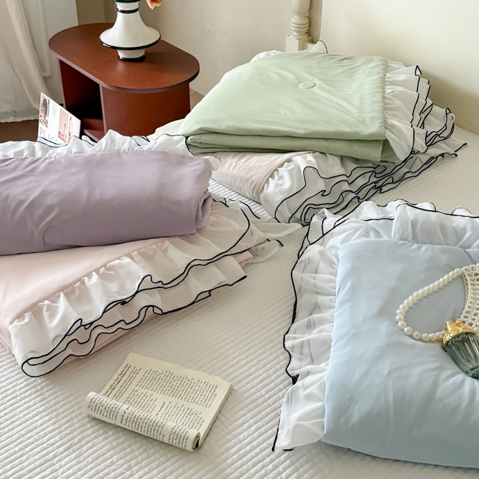 91家纺网 家纺一手货源 找家纺 （总）吾欢心 2026新款法式凉感530克高克重PE乙纶双面大提花床裙凉席席子三件套-玫瑰庄园