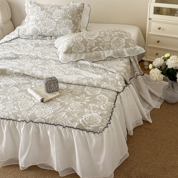 吾欢心 2026新款法式凉感530克高克重PE乙纶双面大提花床裙凉席席子三件套-玫瑰庄园 玫瑰庄园咖
