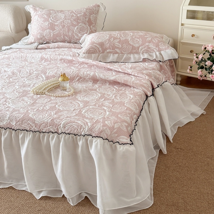 吾欢心 2026新款法式凉感530克高克重PE乙纶双面大提花床裙凉席席子三件套-玫瑰庄园 玫瑰庄园粉