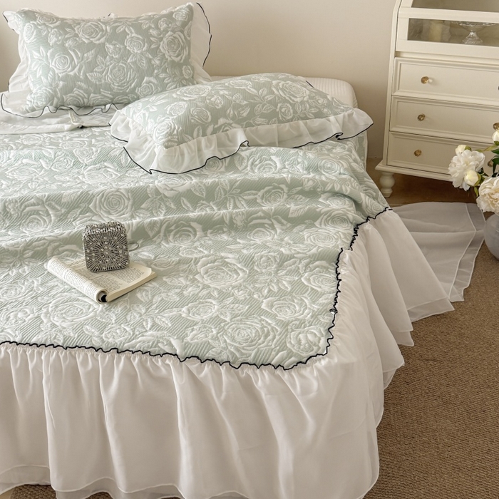 吾欢心 2026新款法式凉感530克高克重PE乙纶双面大提花床裙凉席席子三件套-玫瑰庄园 玫瑰庄园绿