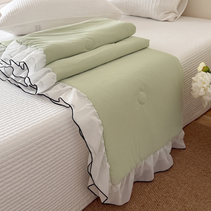 91家纺网 家纺一手货源 找家纺 吾欢心 2026新款法式凉感530克高克重PE乙纶双面大提花床裙凉席席子三件套-玫瑰庄园 玫瑰庄园绿