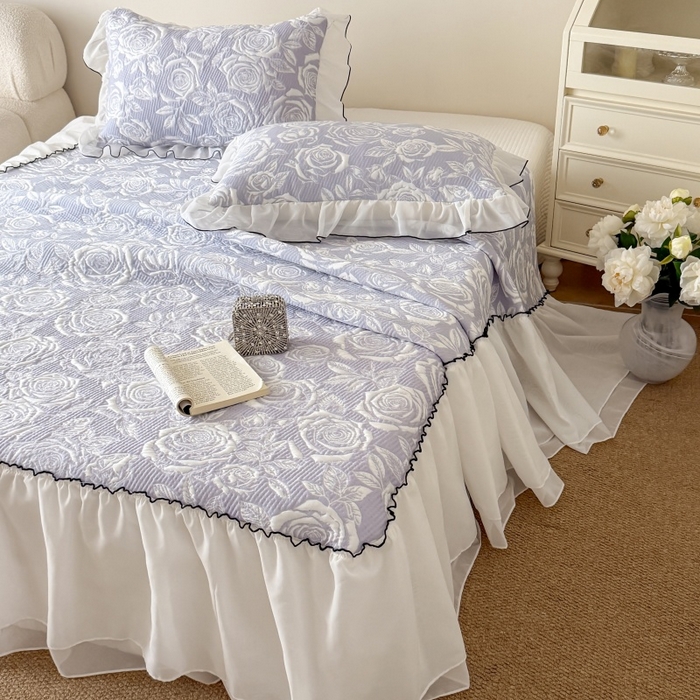 吾欢心 2026新款法式凉感530克高克重PE乙纶双面大提花床裙凉席席子三件套-玫瑰庄园 玫瑰庄园紫