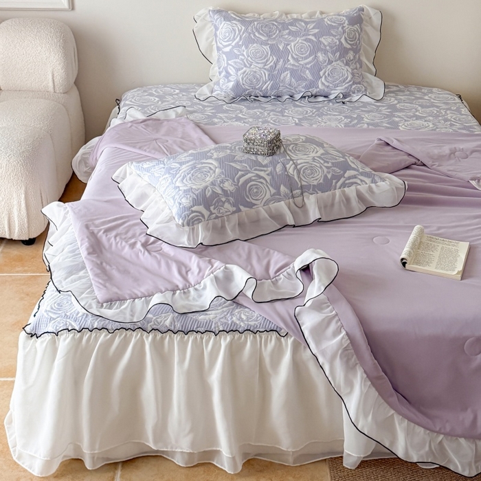 91家纺网 家纺一手货源 找家纺 吾欢心 2026新款法式凉感530克高克重PE乙纶双面大提花床裙凉席席子三件套-玫瑰庄园 玫瑰庄园紫