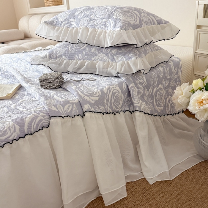 91家纺网 家纺一手货源 找家纺 吾欢心 2026新款法式凉感530克高克重PE乙纶双面大提花床裙凉席席子三件套-玫瑰庄园 玫瑰庄园紫