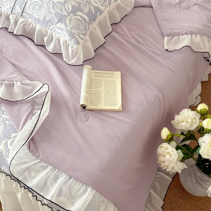 91家纺网 家纺一手货源 找家纺 吾欢心 2026新款法式凉感530克高克重PE乙纶双面大提花床裙凉席席子三件套-玫瑰庄园 玫瑰庄园紫