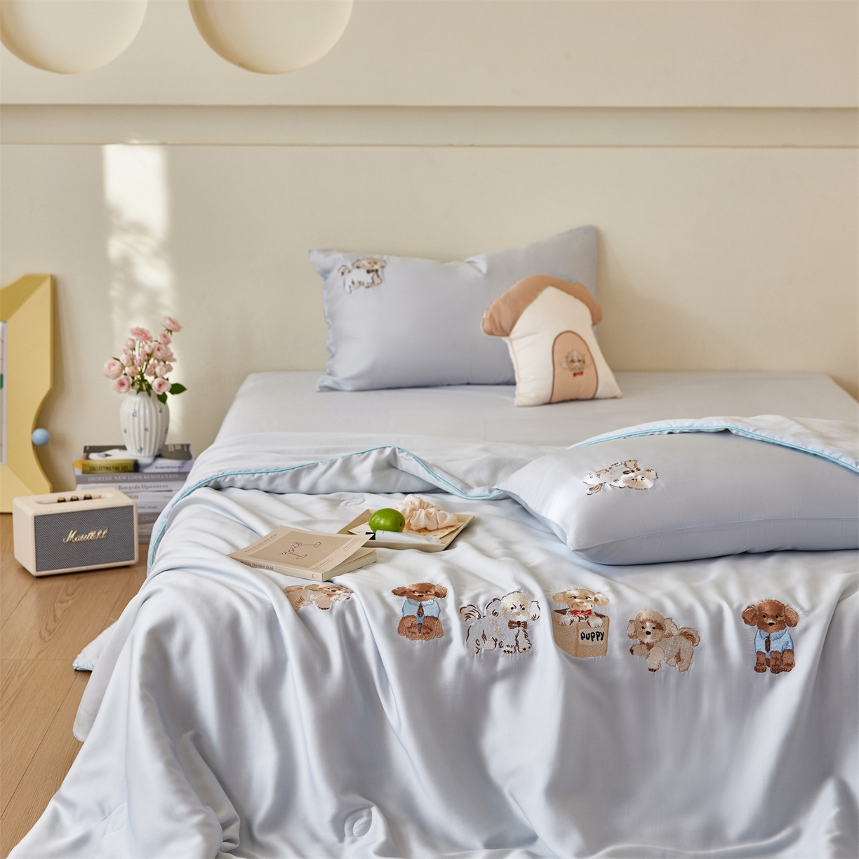 91家纺网 家纺一手货源 找家纺 沐珩家纺 2026新款莱赛尔天丝绣花夏被50天丝大豆棉夏被四件套-萌神系列 奶汪派对