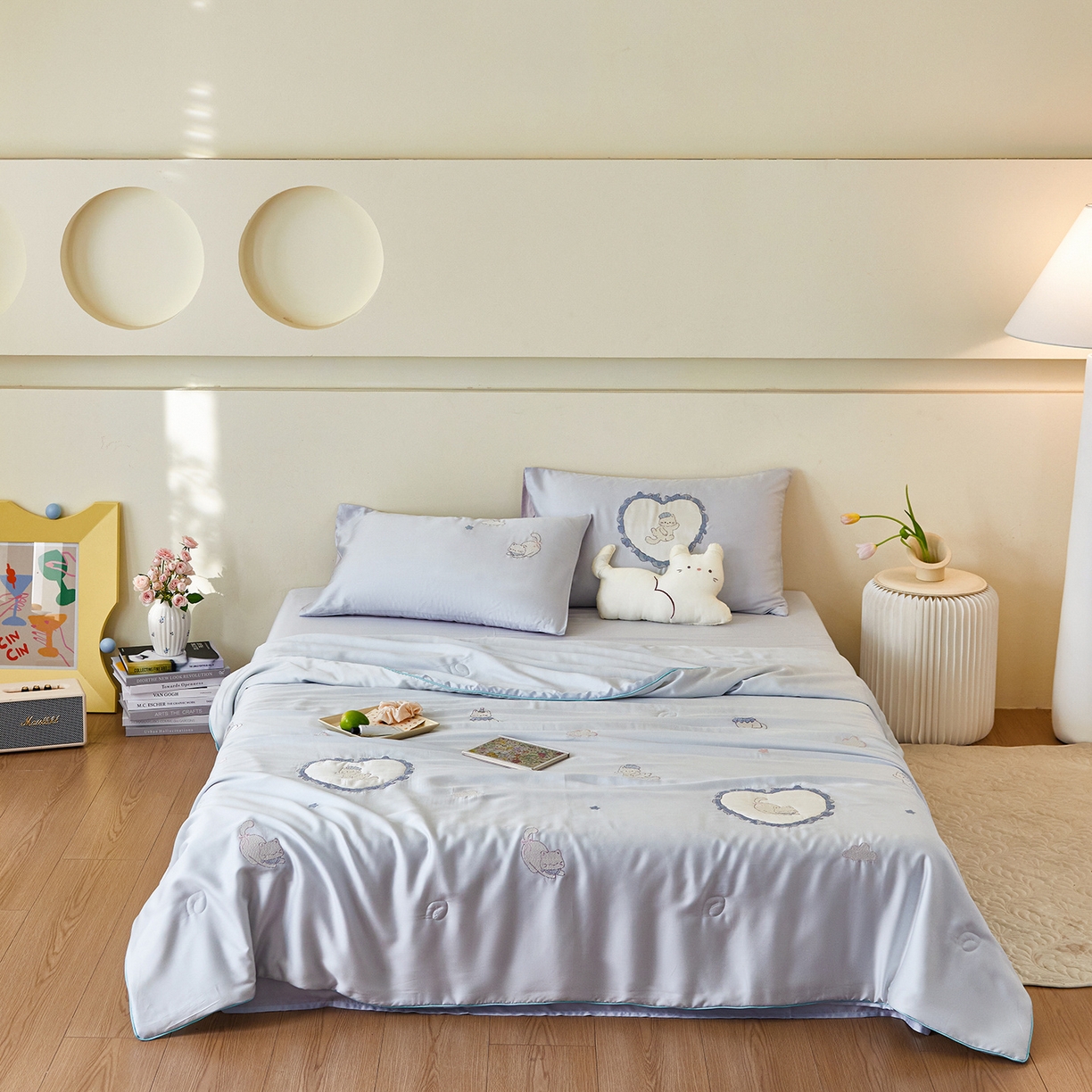 沐珩家纺 2026新款莱赛尔天丝绣花夏被50天丝大豆棉夏被四件套-萌神系列 甜梦心愿