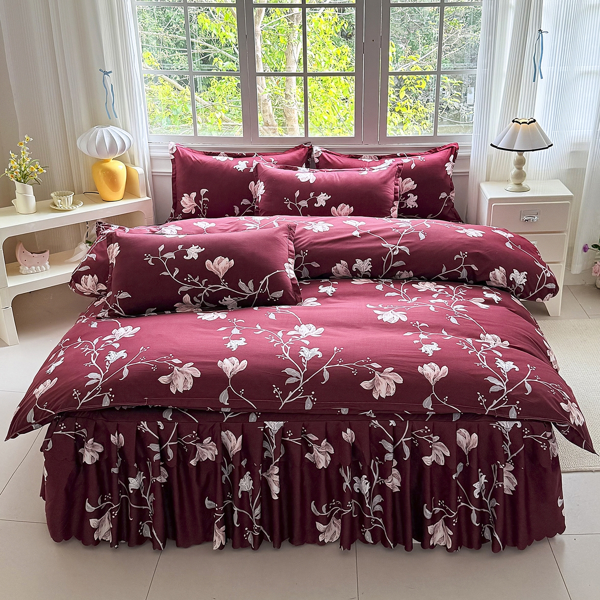 91家纺网 家纺一手货源 找家纺 亿佳人 2026新款芦荟棉单床裙床裙单件芦荟棉床裙单件 酒红玉枝