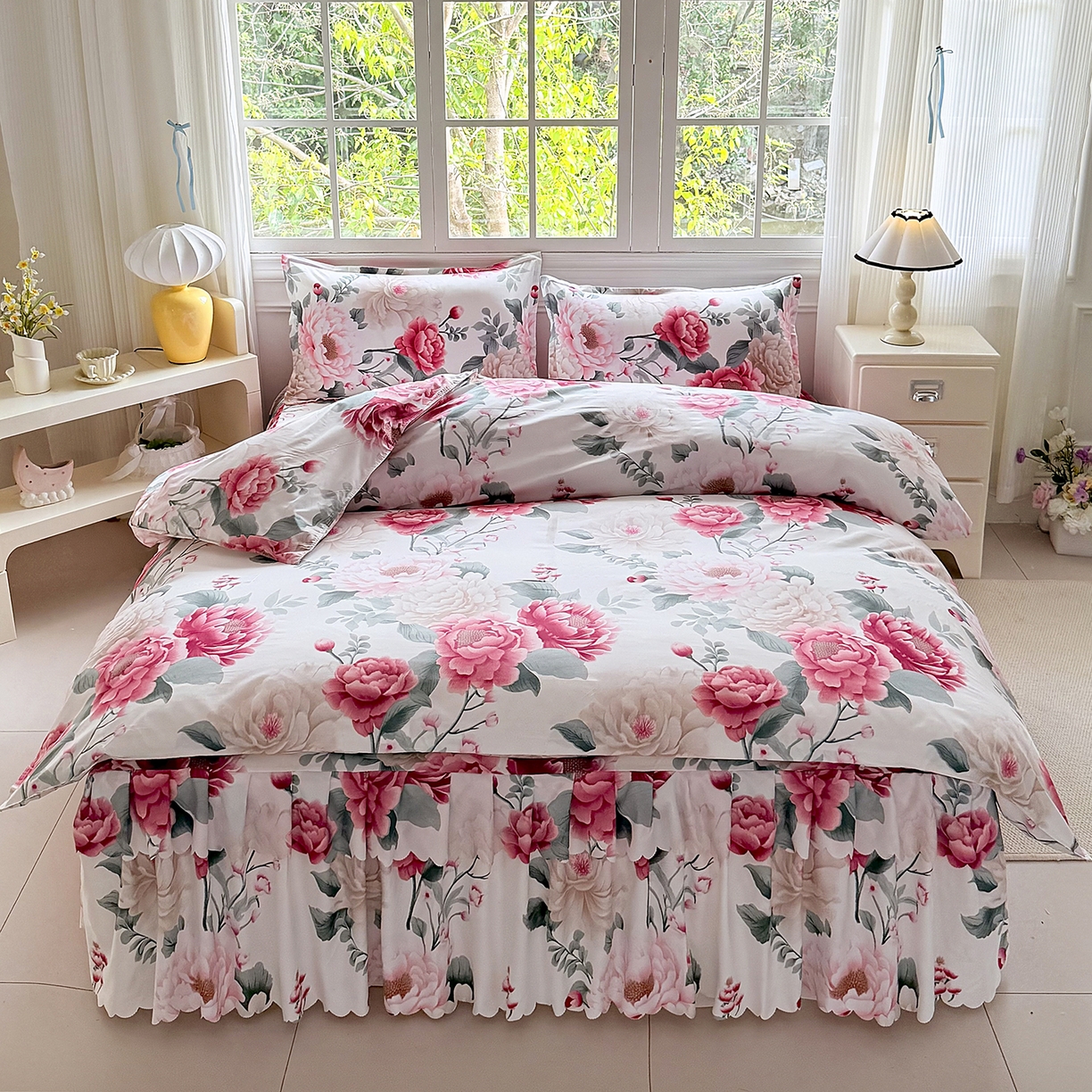 91家纺网 家纺一手货源 找家纺 亿佳人 2026新款芦荟棉单床裙床裙单件芦荟棉床裙单件 花开富贵