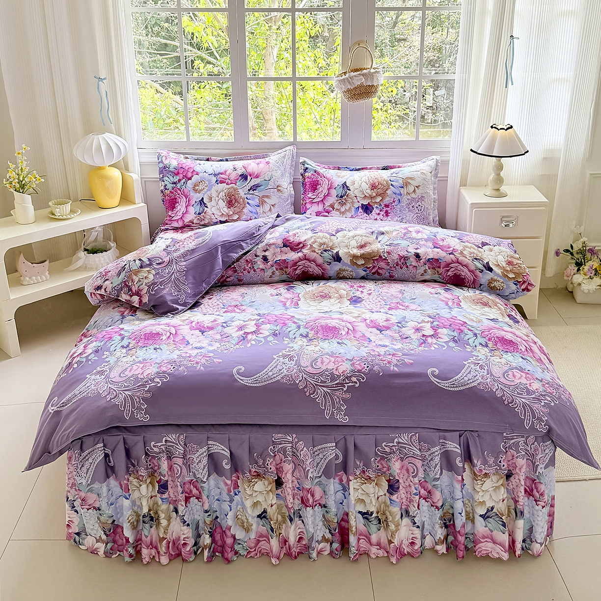 91家纺网 家纺一手货源 找家纺 亿佳人 2026新款芦荟棉单床裙床裙单件芦荟棉床裙单件 紫梦